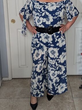 AUW Navy Floral Off-Shoulder Wide-Leg Jumpsuit with Tie Sleeves